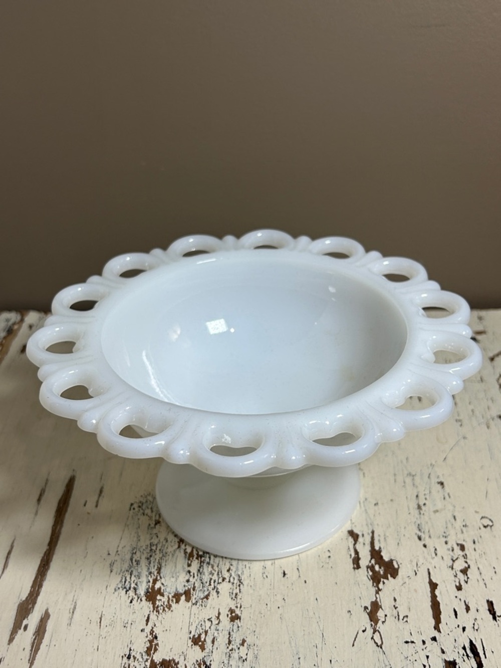 Vintage White Milk Glass Pedestal Bowl with Openwork Rim